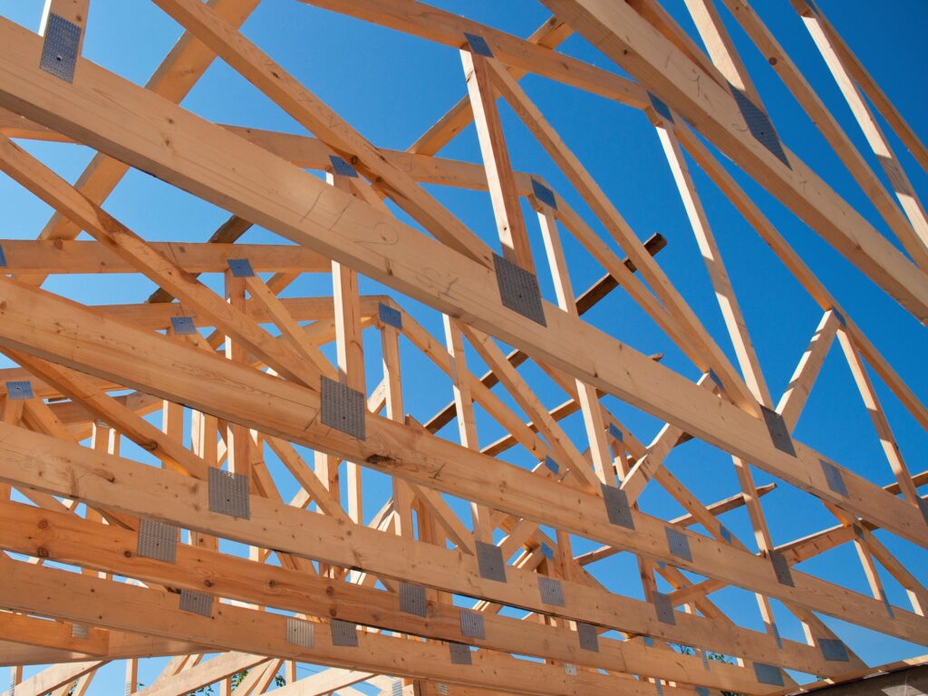 Wood trusses used in the construction of a barn