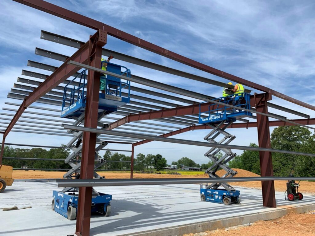 Steel frame building being constructed.