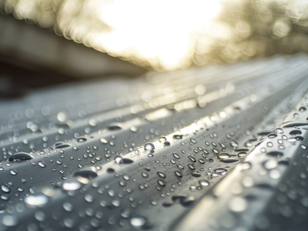 Close up of metal roof in a fall rain storm