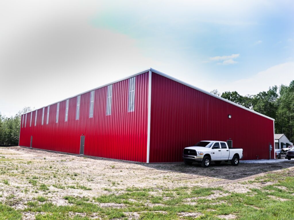 Commercial barn with red tuff rib metal siding