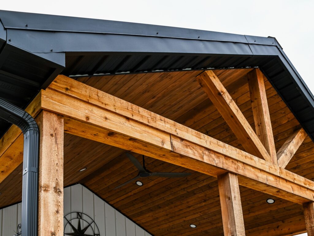 Close up of wood frame on the exterior of a barndominium